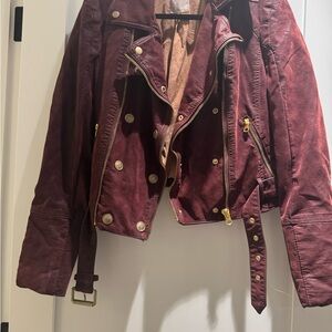 Free People Brown Leather Jacket Asymmetrical Moto Style